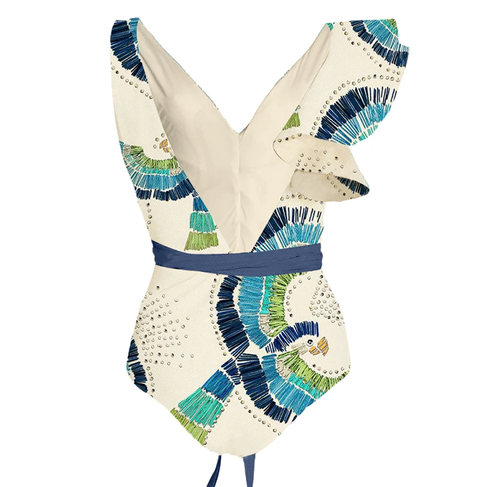 Green Print Deep V Bikini Set and Cover Up Ruffle Straps Backless Sexy Beachwear Ladies Slim High Waist Fit Summer Swimsuit