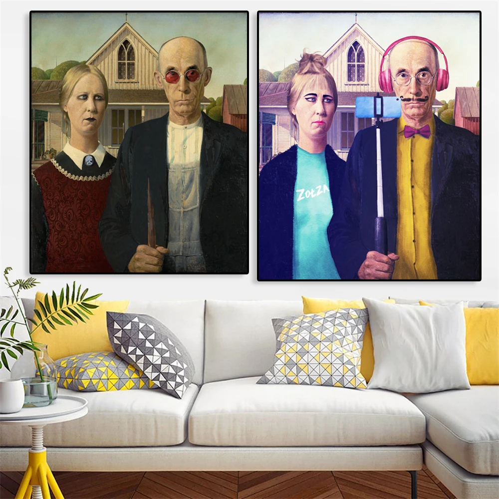 

Vintage Portrait Poster American Gothic Art Print Canvas Painting Funny Design Wall Art Abstract Pictures for Gallery Home Decor