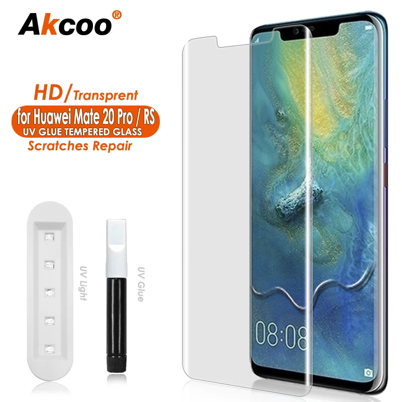 

Akcoo Mate 20 Pro Screen Protector Tempered Glass UV Full Screen Glue Edge to Edge Coverage for Huawei Mate 20 RS Scratch Repair