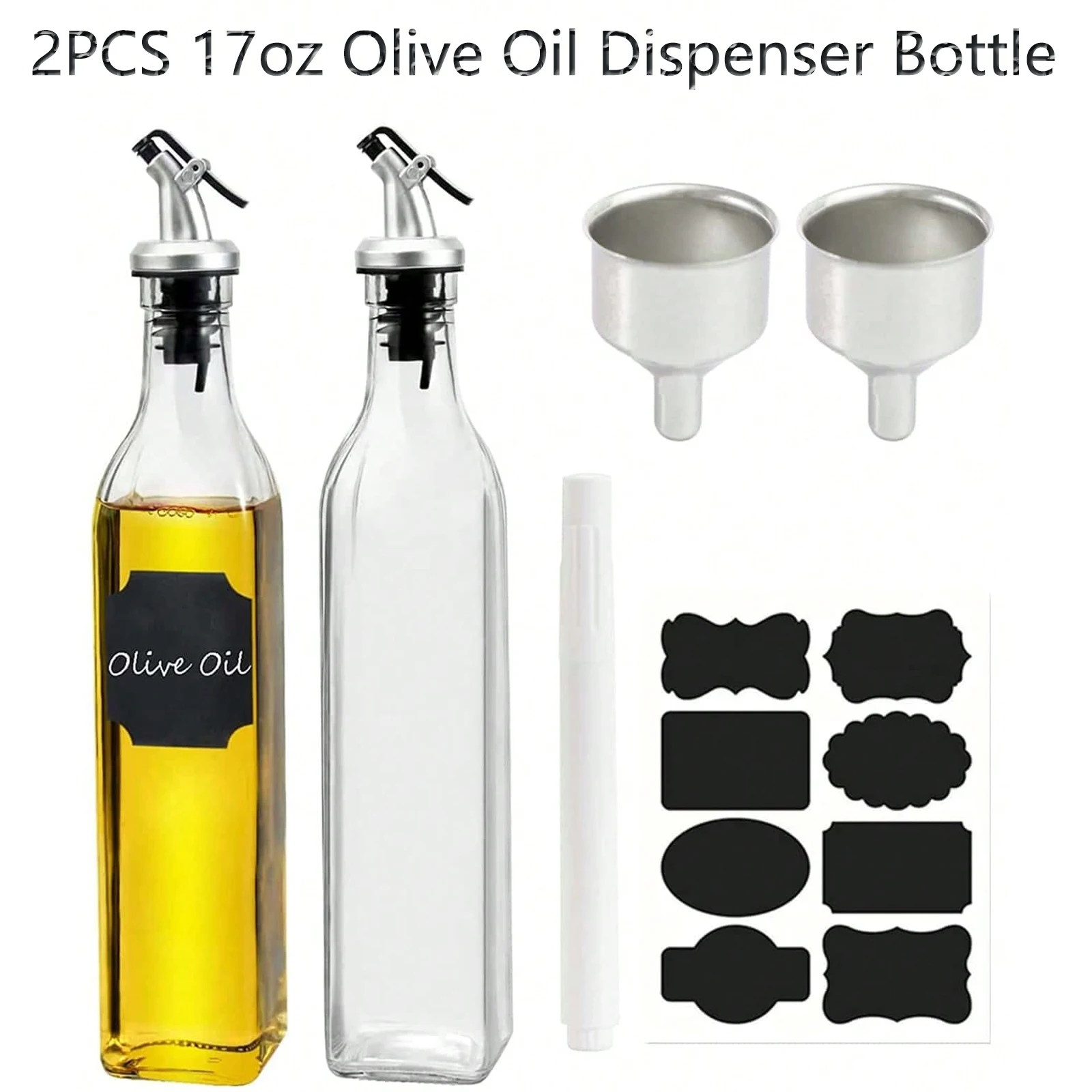 Oil Spray Dispenser Oil Container Food Storage Container 2Pcs 17oz Olive Oil Dispenser Bottle Oil Vinegar Dispenser Set For Kitchen 2 Spout Funnel Pen Labels