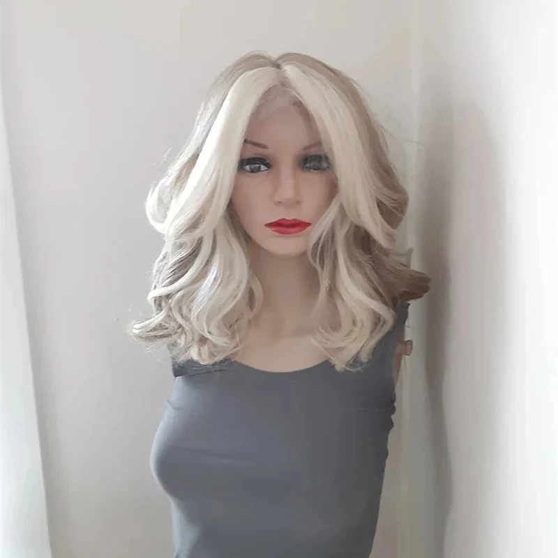 Ash Blonde Lace Front Wig Curly Money Piece Highlights Short Wig 16'' Heat Resistant Synthetic Hair Lace Wigs Ladies Daily Use
