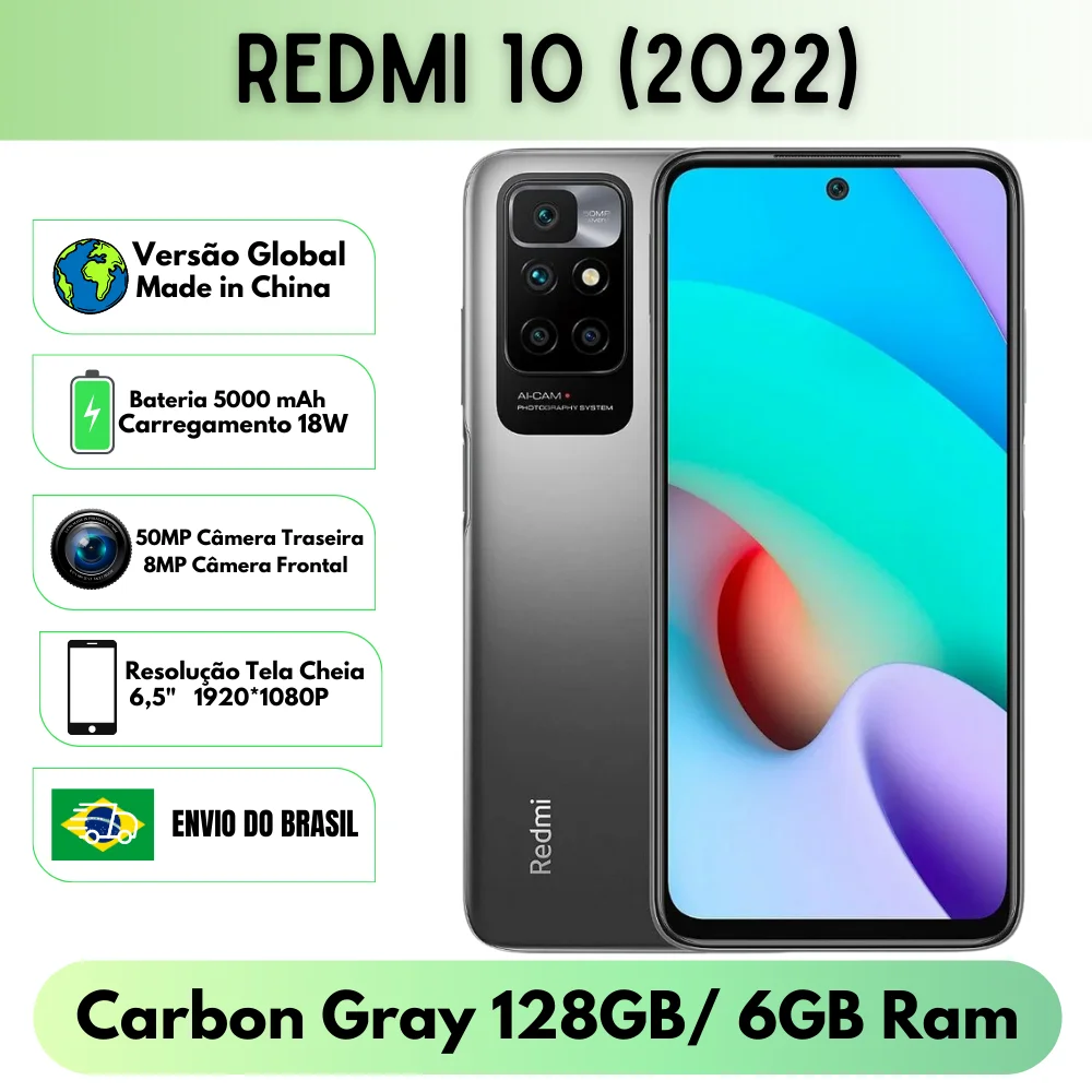 Xiaomi Redmi 10 (2022) 128GB ROM Cinza Carbono 6GB RAM Versão Global