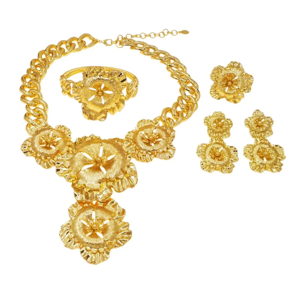 Jewelry Set For Women Cuban Chain Necklace Gold Plated Flower Big Pendant Italian Gold Earrings Luxury Wedding Party Bijoux