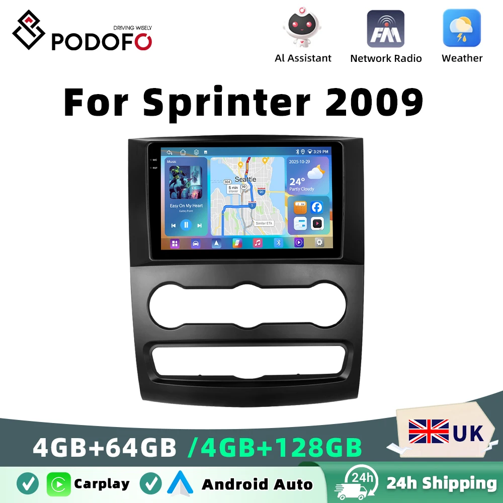 Podofo 4GB+64GB Car Radio Wireless Carplay Android Auto Stereo Multimedia Player Mirror Link 10 Inch DVR GPS For Sprinter 2009