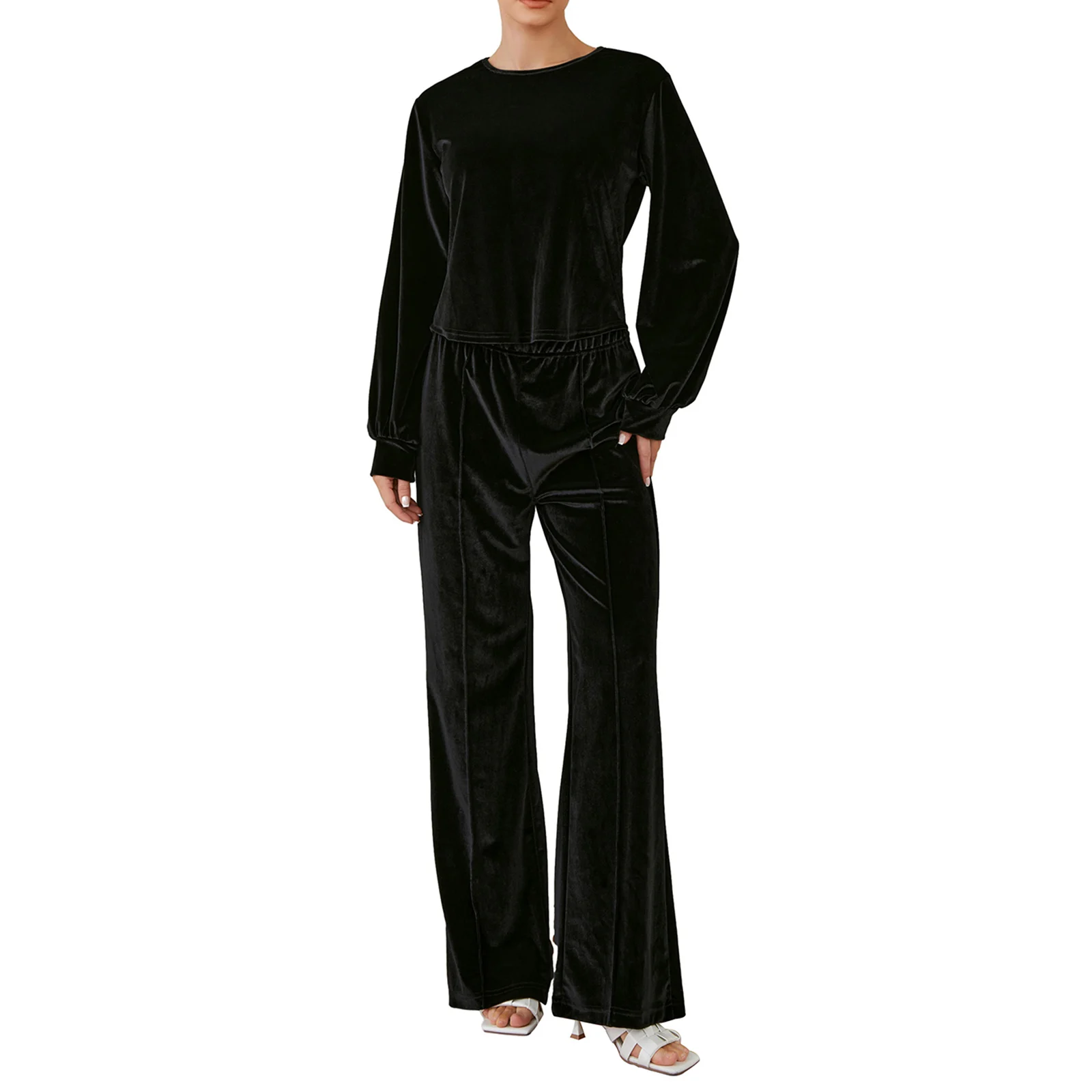 

Musuos Women Pants Suit Fall Winter Elegant Velvet 2Pcs Solid Female Long Sleeve Tops with Wide Leg Pants Office Lady Streetwear