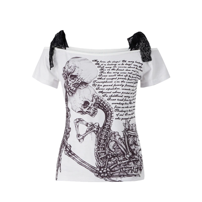 Goth Skull T Shirt 2000s Aesthetic Women Grunge Fairy Core Off Shoulder Short Sleeve Tops Graphic Tee y2k Streetwear 5 Goth Skull T Shirt 2000s Aesthetic Women Grunge Fairy Core Off Shoulder Short Sleeve Tops Graphic Tee y2k Streetwear