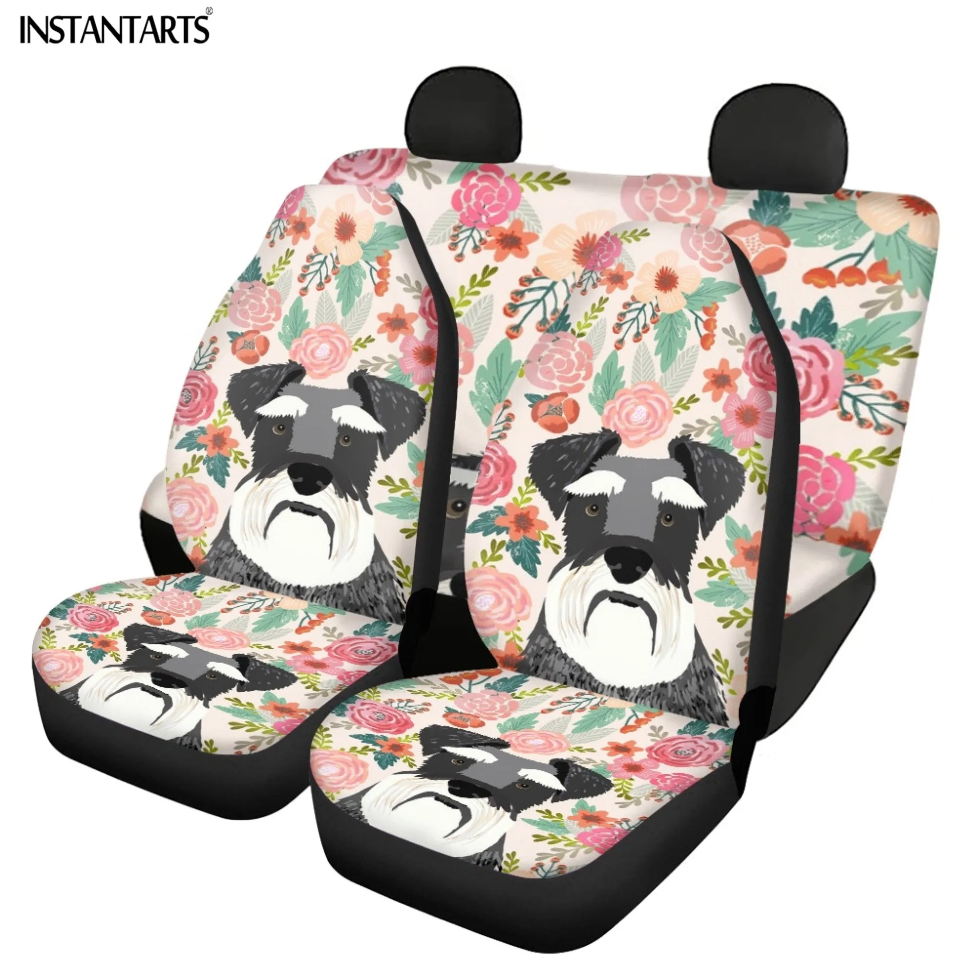 

INSTANTARTS Flower Dog Design Car Front and Back Seat Covers Fade Resistant Hand Washable Polyester Mats Cartoon Car Accessories
