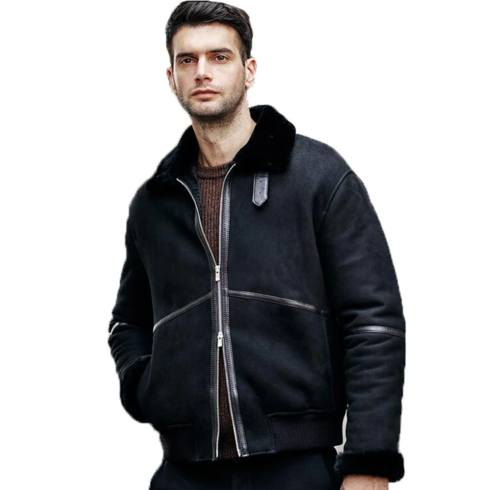 Denny&Dora Mens Shearling Jacket Black Leather Flight Jacket Short