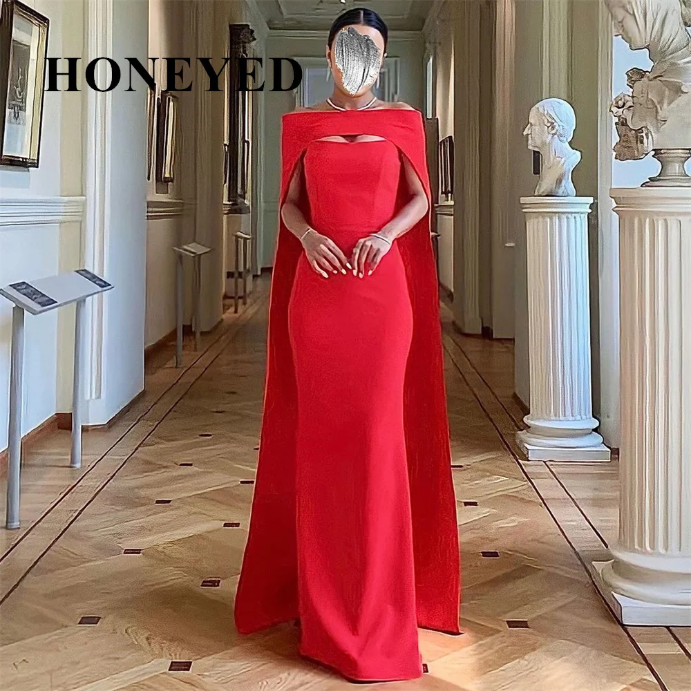 

HONEYED 2024 Simple Mermaid Formal Red Off The Shoulder Floor-Length Satin Long Sleeves Saudi Arabia Party Cocktail Prom Gowns