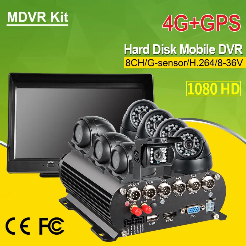 

10inch Car Monitor 8Pcs 2.0MP Front Side back video Camera 4g gps 8CH Hard Disk Car mdvr Recorder online cmsv6 free