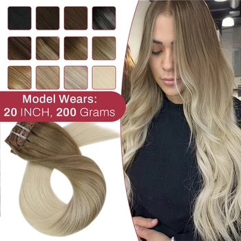 Moresoo Clip in Hair Extensions 100% Real Remy Human Hair Brazilian Silky Straight Hair Extension Balayage Blonde Hair Extension 1