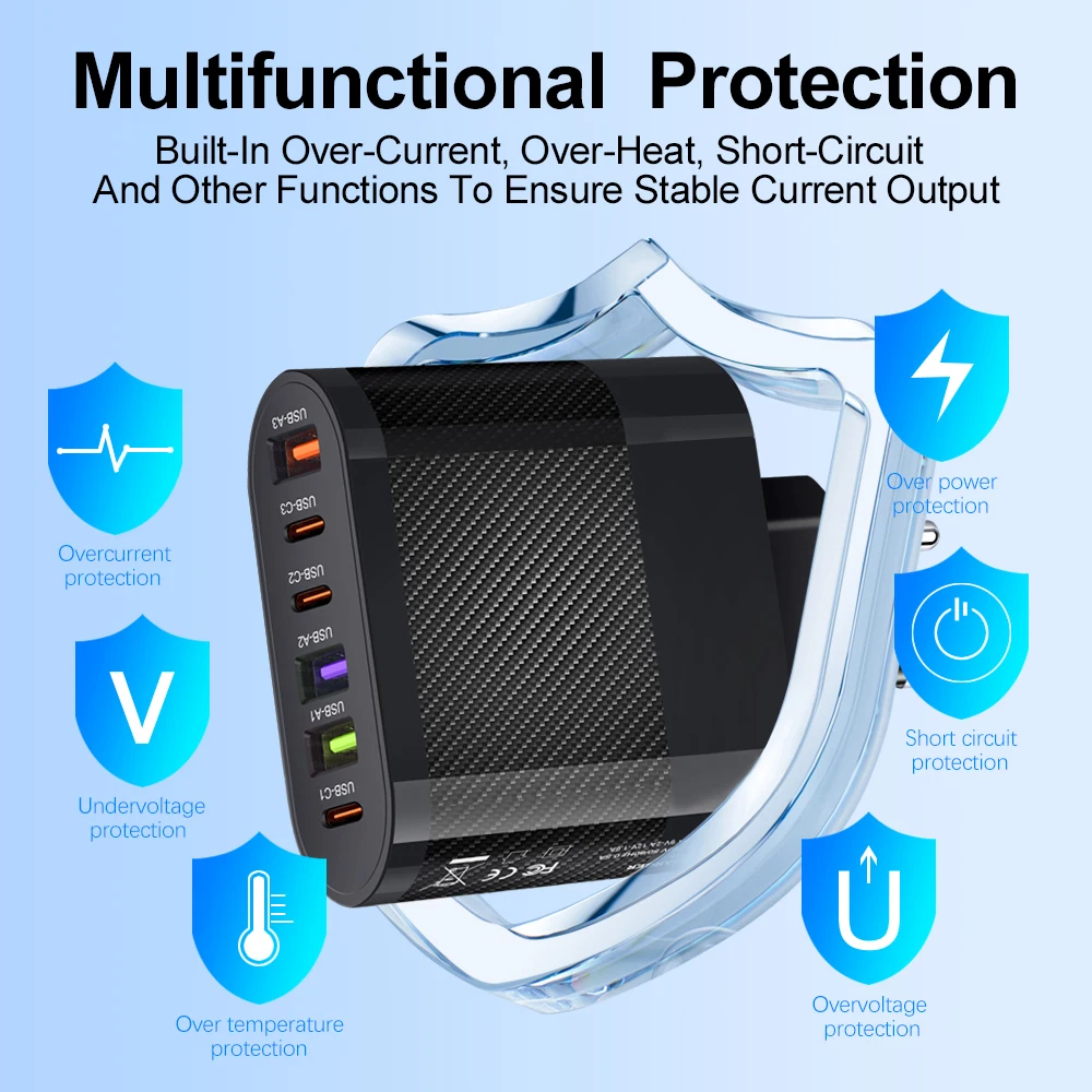 3.1A 5-Port USB PD Charger Adapter Fast Charging QC 3.0 Wall Plug for Xiaomi iPhone 15 16 Samsung Mobile Phone Power Charging