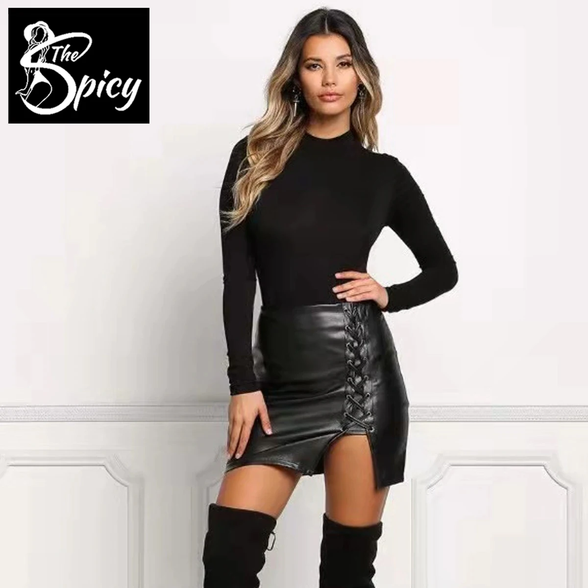 

Spicy Girl's Above Knee Split Mini Skirt Black Faux Leather High Waist Short Skirt