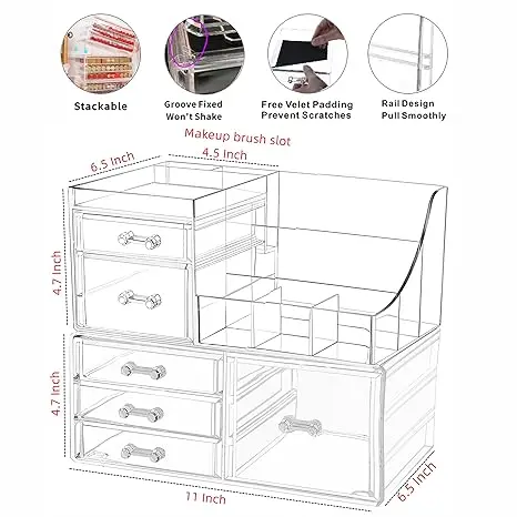2 - Pack Clear Acrylic Makeup Storage Organizer. Each with 6 Stackable Drawers. Ideal Cute Desk Organizer for Vanity, Jewelry 2