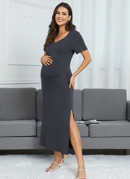 Modal Maternity Nursing Vestido Breastfeeding Dress Casual Pregnant Women V-Neck Short Sleeve Lactation Skirt Pregnancy Dress