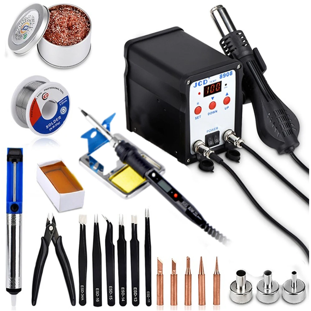 QHTITEC Soldering Station 750W  2 in 1 Welding Repair Tools Soldering Iron With Hot Air Gun SMD BGA Rework LCD Digital Station