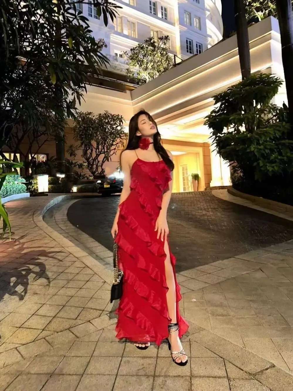 

Luxury Ruffles Chiffon Prom Dress with Three-Dimensional Flowers for Women Backlesss Long Christmas Wedding Party Dresses 2024
