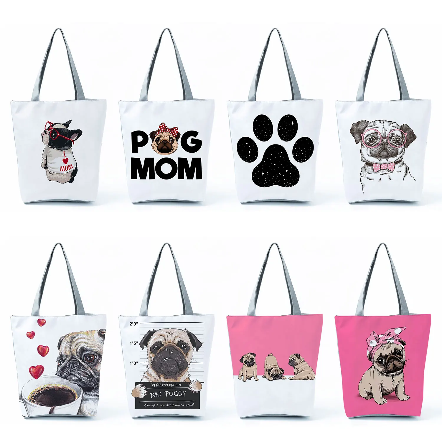 Shoulder Shopper Bags Star Dog Paw Funny Eco Portable Fashion Handbags Women'S Bag 2022 Trend Artoon Pug Print Tote Cute Animal