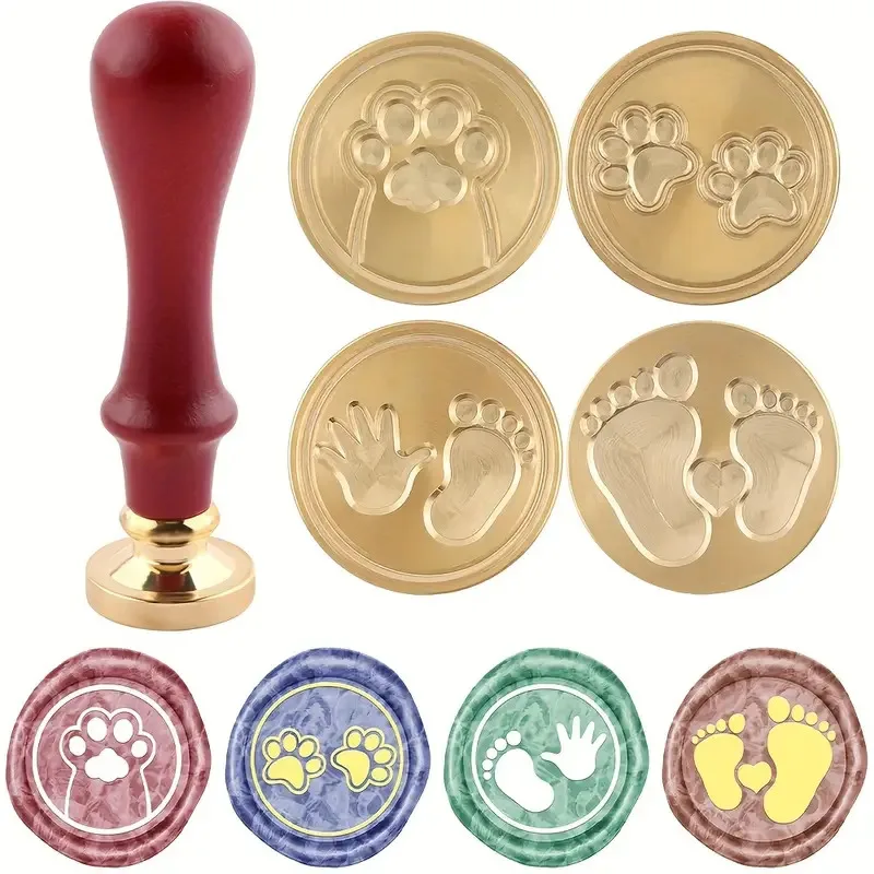 

Baby Series Set Wax Seal Stamp,Baby Footprints Brass Head Wooden Handle Sealing Stamp for Baby Shower Party Invitation card