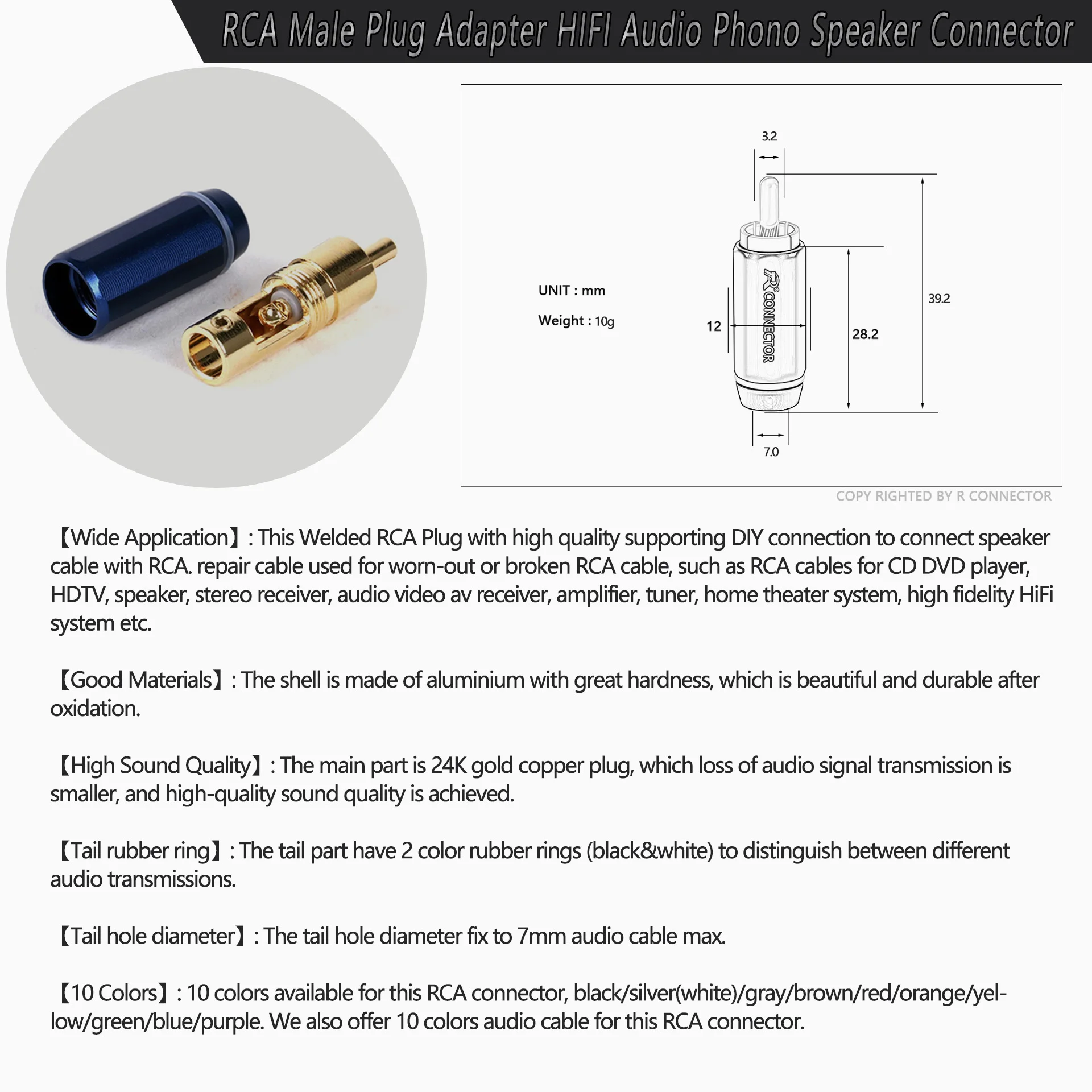 5 Paia Connettori RCA Phono Maschio Non Saldati - Terminali AV Audio F6 (60 Cm)