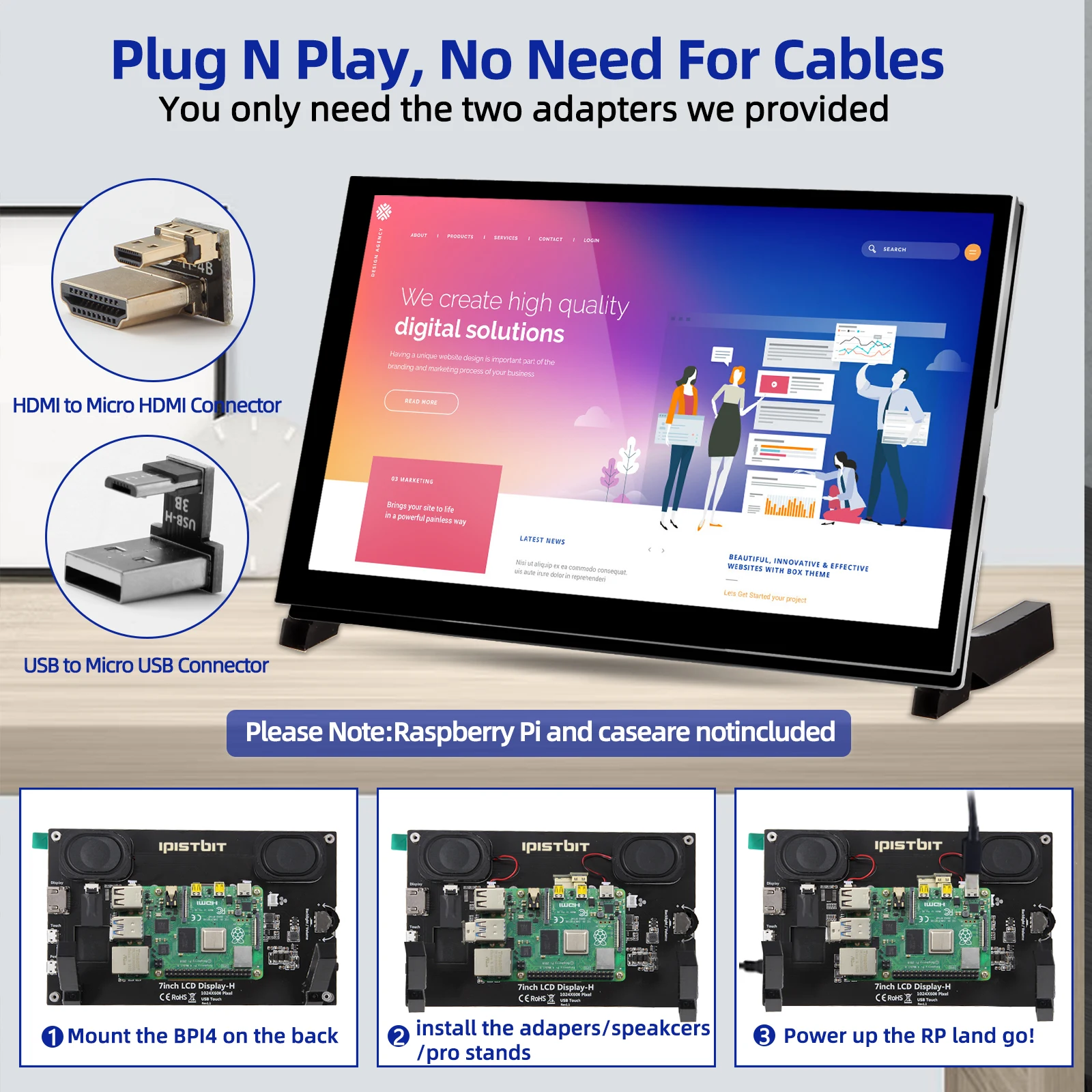 IPistBit 라즈베리 파이용 터치스크린 모니터, IPS LCD, 1024x600 듀얼 스피커, HDMI 소형 모니터, 드라이버 프리, 7 인치
