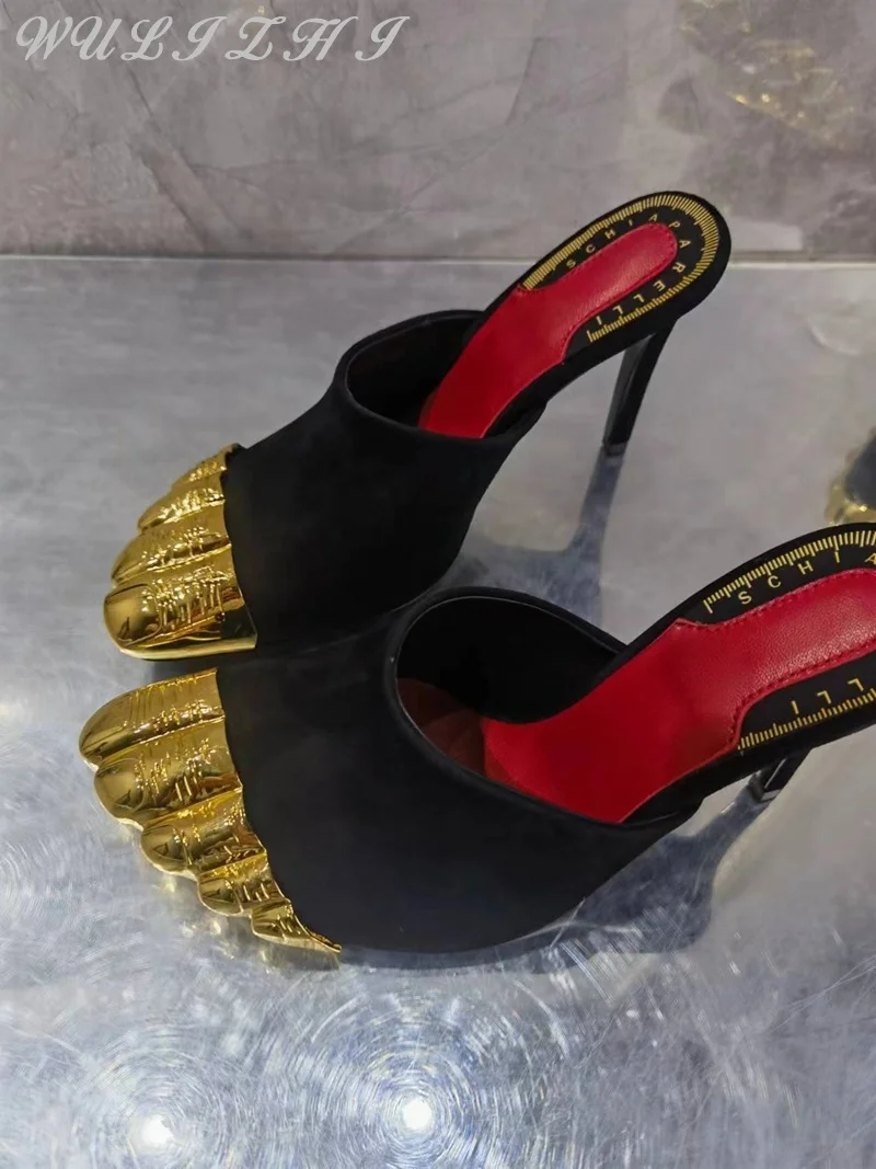 Gold Toe Five Finger High Heels 2024 Women Fashion Stiletto Metal Slippers Dress Shoes Sheep Suede Elegant Sandals Summer