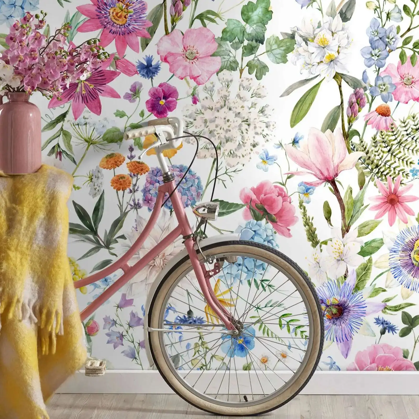 Papel de Parede Floral Botânico Aquarela Pequena Flor Verão