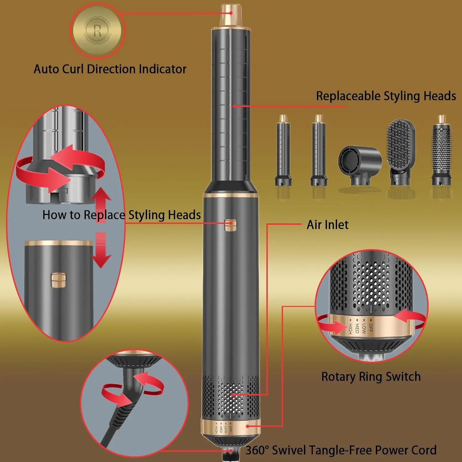 5 in 1 Hair Dryer Brush Hot Air Curling Brush Negative Ion Air Styler for All Hair Types Home and Travel