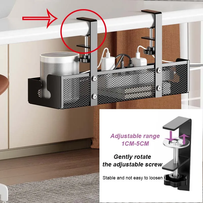 Under Desk Shelf Basket Organizer Kitchen Storage Cabinet No Drilling Extendable Under-desk Cable Management Rack Adjustable