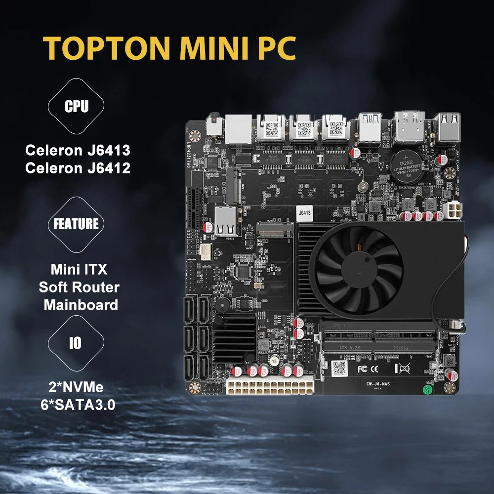 J6413 Scheda Madre Industriale Mini Itx Nas Firewall Routing 2 * Intel I226-V 1 * Rtl8125Bg 2.5G Lans 2 * Nvme 6 * Sata3.0 2 * Ddr4 1 * Pcie
