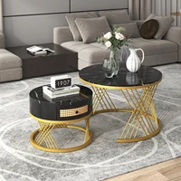 Rosahqnda Table basse ronde 2 en 1 MDF avec plateau en marbre et tiroirs en plastique 2