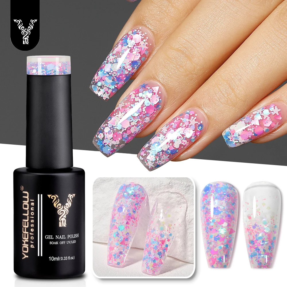 YOKEFELLOW 10ml Glitter Gel Nail Polish Y2K Sugar Sparkly Shiny Glitter Sequins Soak Off UV Gel Varnish Colorful DIY Nail Art