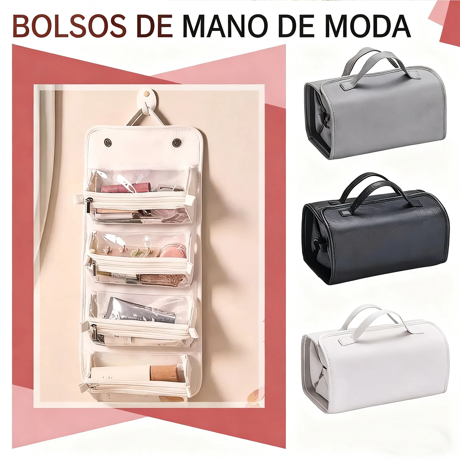 Este neceser plegable 4 en 1 para mujer es portátil e impermeable, con múltiples compartimentos. Disponible en blanco, negro y gris. Ideal para organizar cosméticos y artículos de aseo personal durante el viaje.