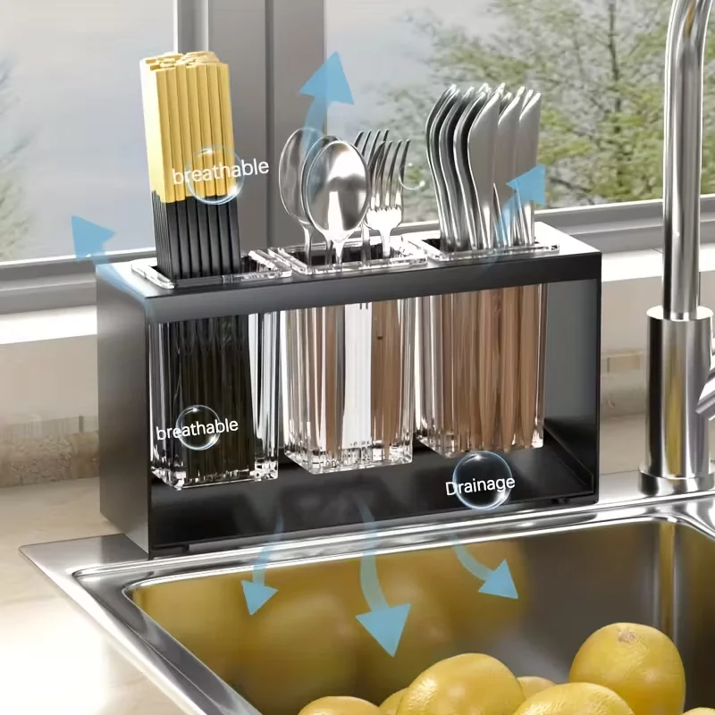 Caja de almacenamiento multifuncional para escritorio con drenaje integrado, soporte para palillos, estante para utensilios de cocina, estante para almacenamiento de cuchillos, tenedores y cucharas, soportes para cepillos de dientes para baños, color negro