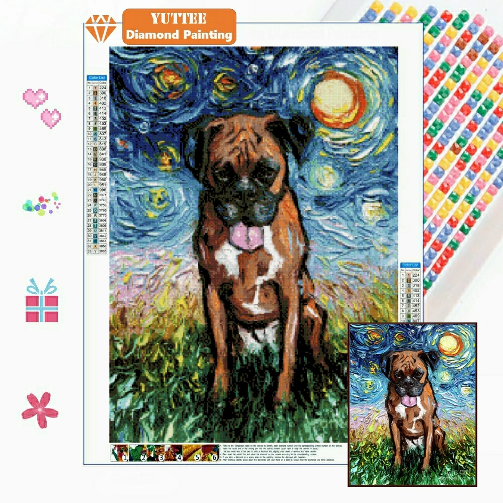 Boxer Pet Dog Van Gogh Starry Night 5D DIY Diamond Painting Embroidery
