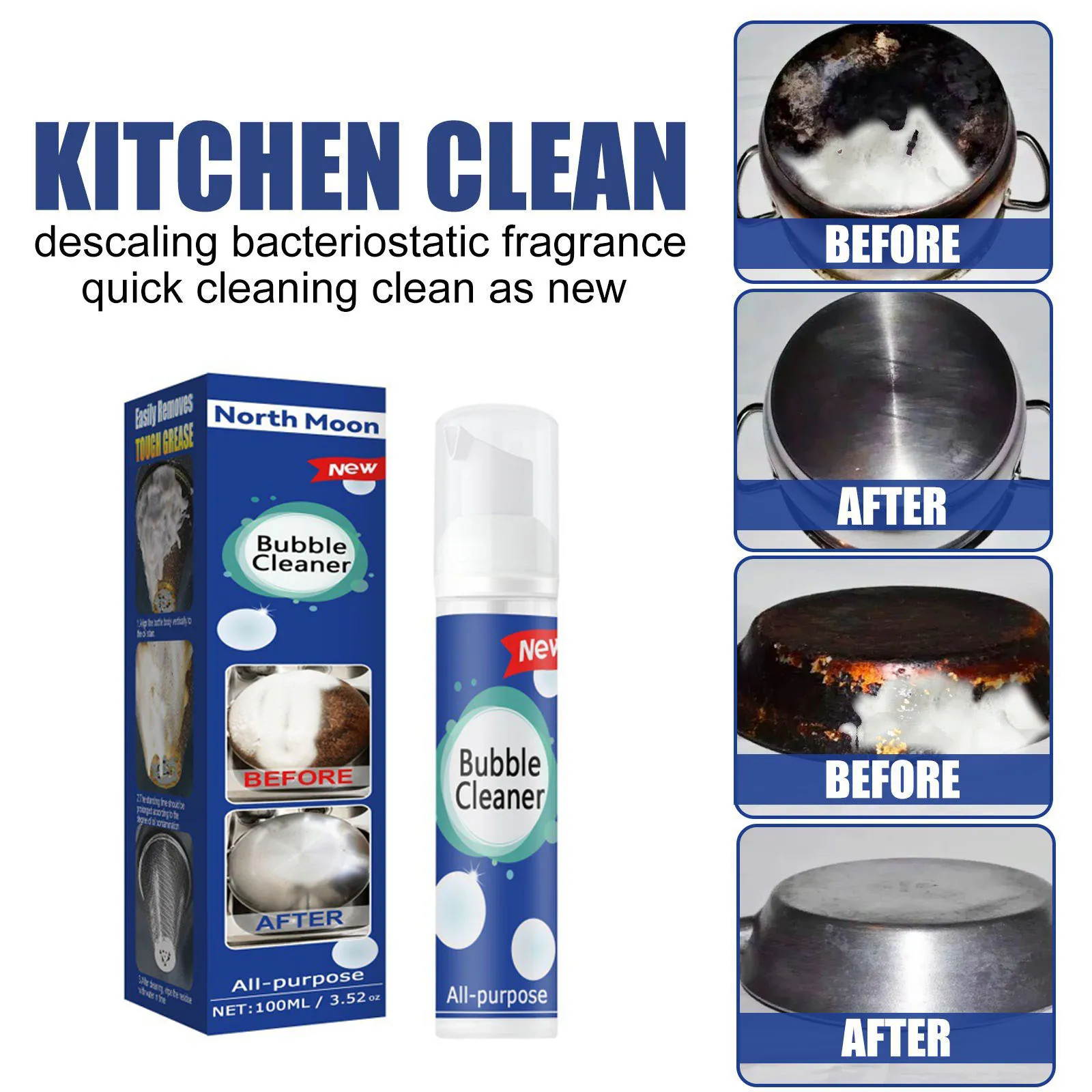 North Moon 100ml Kitchen Grease Bubble Cleaner Foam Rust Remover Spray Rinse-Free Dirt Remover Heavy Oil Stain Cleaner Mousse