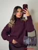 TRAFZA Vintage Chic Women Sweater Solid O-Neck Long Sleeve Knitted Loose Sweater New Fashion 2025 Autumn Winter Holiday Sweater 2