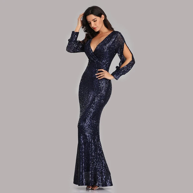 Sexy V-neck Mermaid Evening Dress Long Formal Prom Party Gown Full Sequins long Sleeve Galadress Vestidos Women Dresses 2021 4