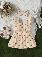 Kids Baby Girls Sleeves Square Collar Geometric Summer Active Cotton Soft Dress +headwear 2