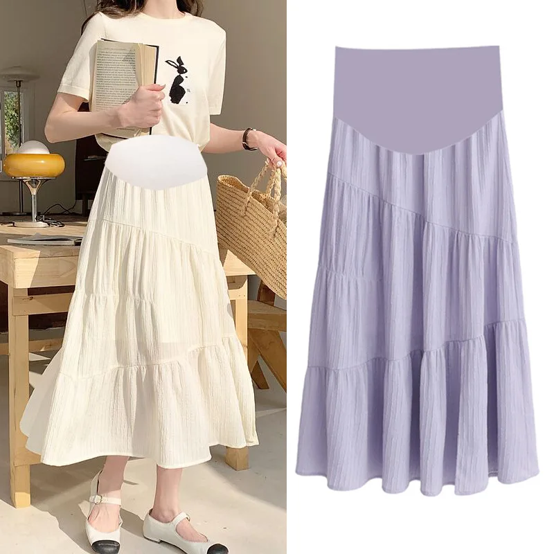 Pleated Pregnant Women Skirt Four Seasons Maternity Solid Stretchy Skirt High Waist Belly Support Midi Skirt Pregnancy Clothing