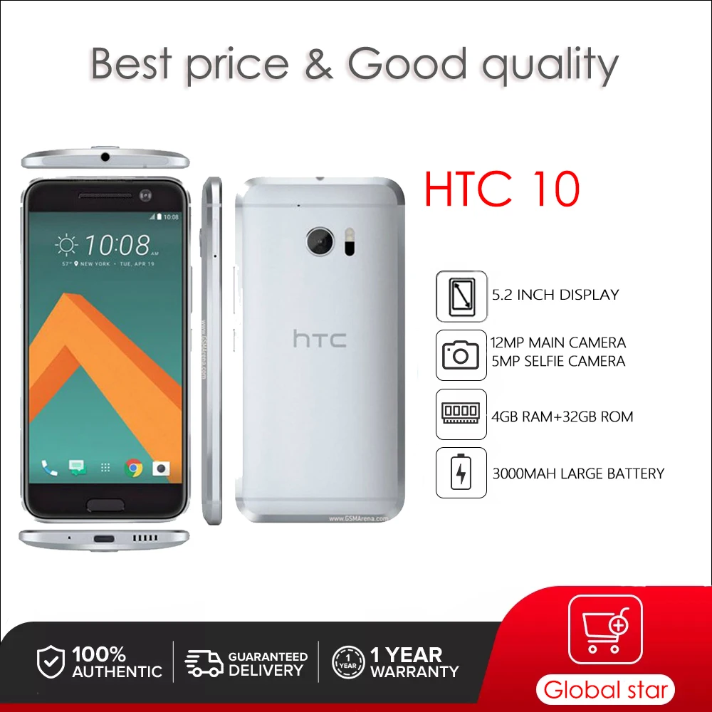 HTC M10 리퍼브 정품 휴대폰, HTC 10, 5.2 인치, 3000mah 배터리 핸드폰, 12MP 카메라, 32GB, 무료 배송 