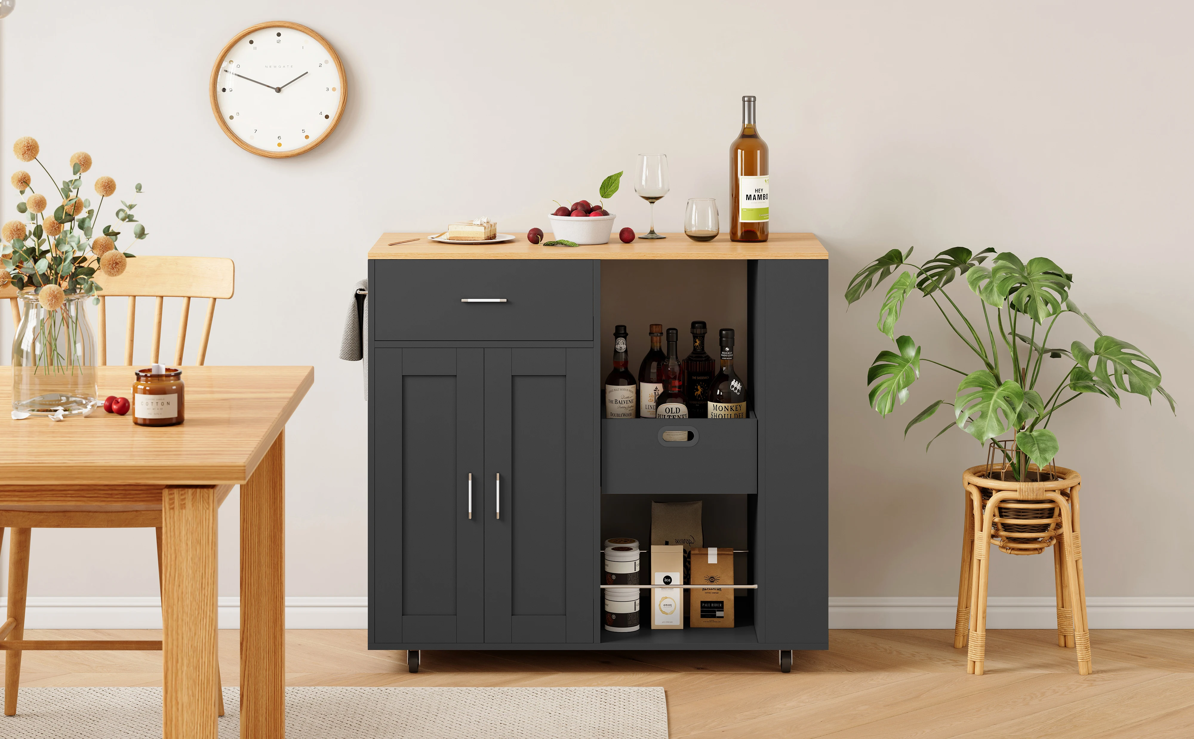 Esszimmer-Buffet, Küchenmöbel, Küchenwagen mit Tür und Schublade, Esszimmerwagen mit Rollen – Detail 1