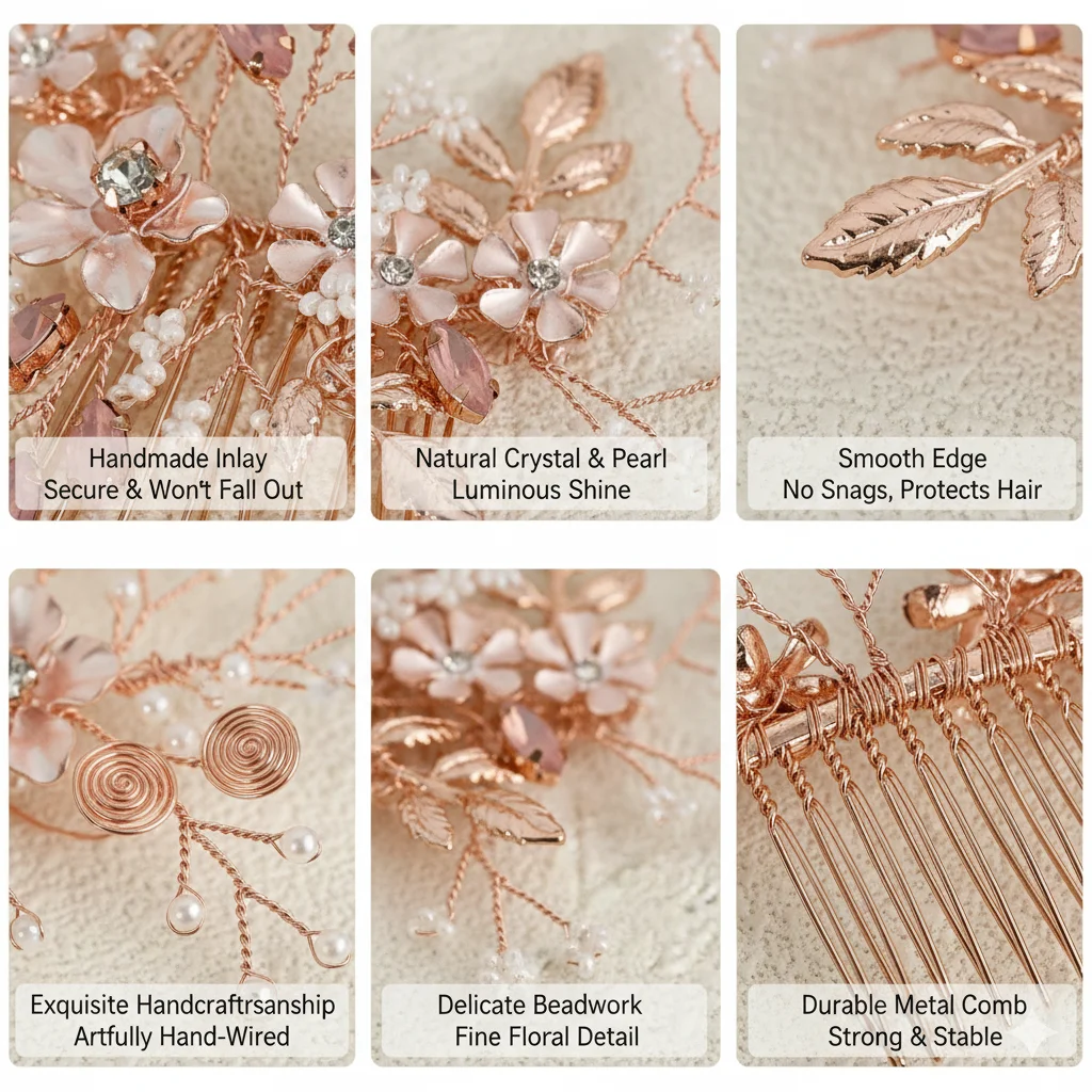 Roségold Legierung Blume einzigartige Haarkamm Braut Hochzeit Kopf bedeckungen Haarschmuck Zubehör Urlaub Haars pangen für Frauen – Detail 3
