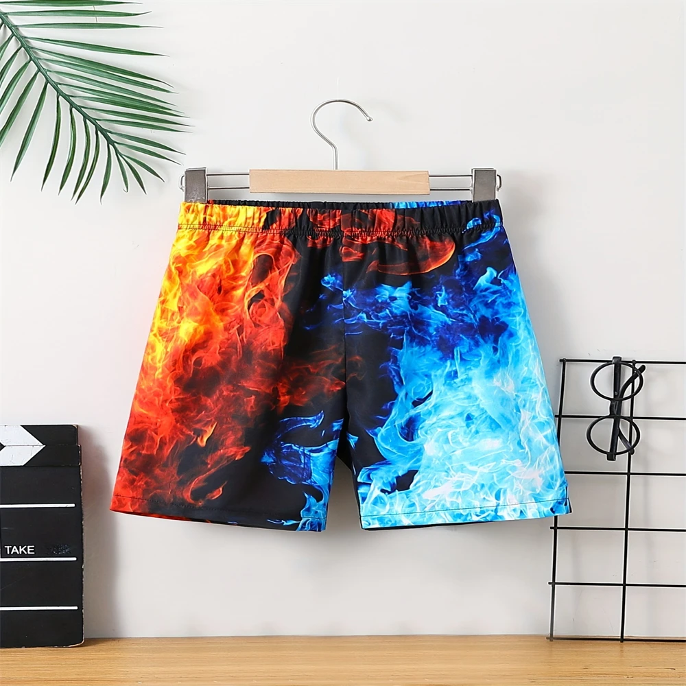 24 Summer Children's 3D Colorful Flame Print Shorts Leggings Quick-Drying Sports Casual Pants Comfortable for Outdoor Picnics