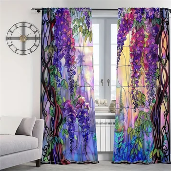 2Pcs Dreamy Wisteria Curtains Stained Glass Pattern Living Room Bedroom Balcony Sunshade Art Garden Style Decor Curtains 1