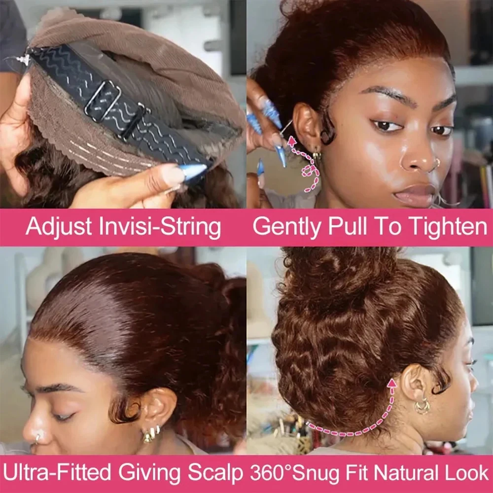 HD Invisible Strap 360 Full Lace Wig 250 Density Glueless Wig Human Hair Deep Curly Chocolate Brown 360 Lace Front Lace Wigs