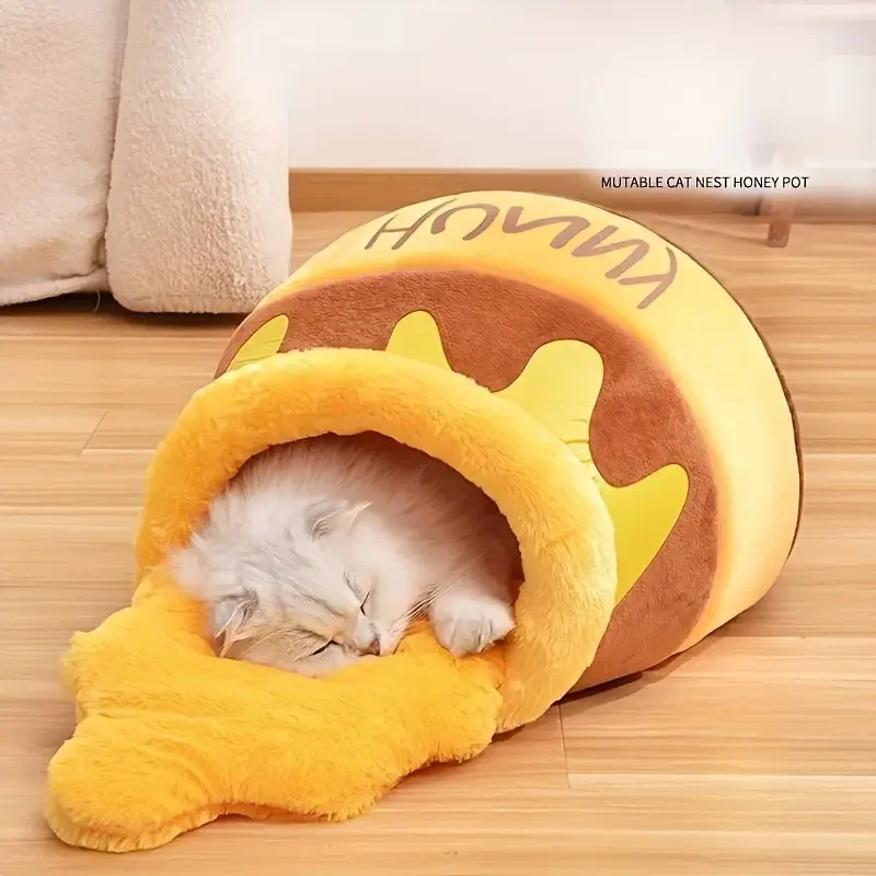 Comfortable cat house bed in a honey pot shape.