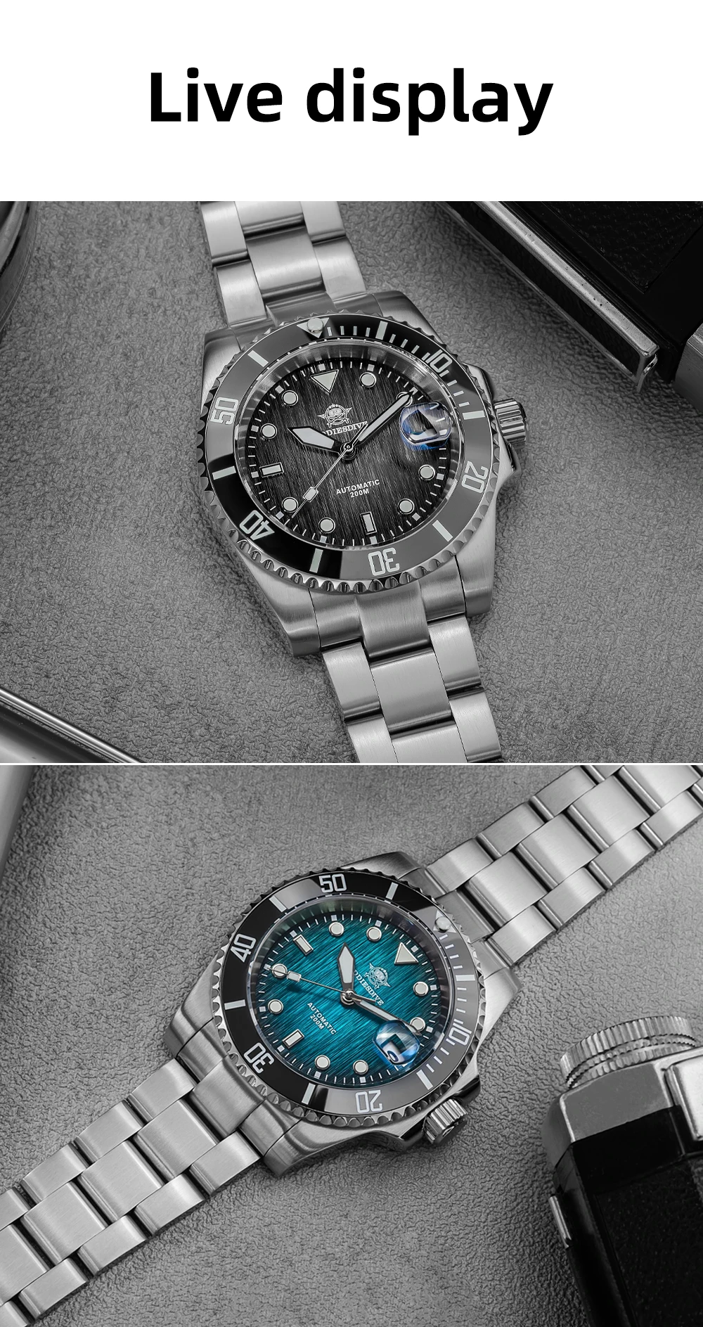 ADDIESDIVE AD2078 reloj buceo automático cristal zafiro BGW9 negro, azul, pantalla en vivo.