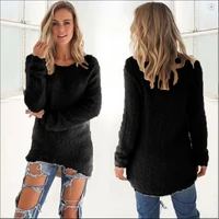Femmes coton chaud tricoté pull couleur unie col rond pull ample Long pull décontracté surdimensionné Blouse dames Hipster vêtements 4