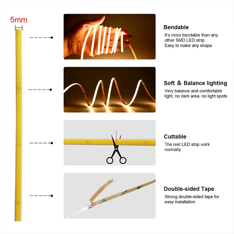 5mm COB LED Ʈ 384LED/m е     , RA90 dc12 V/24V   3000K 4000K 6500K 5m